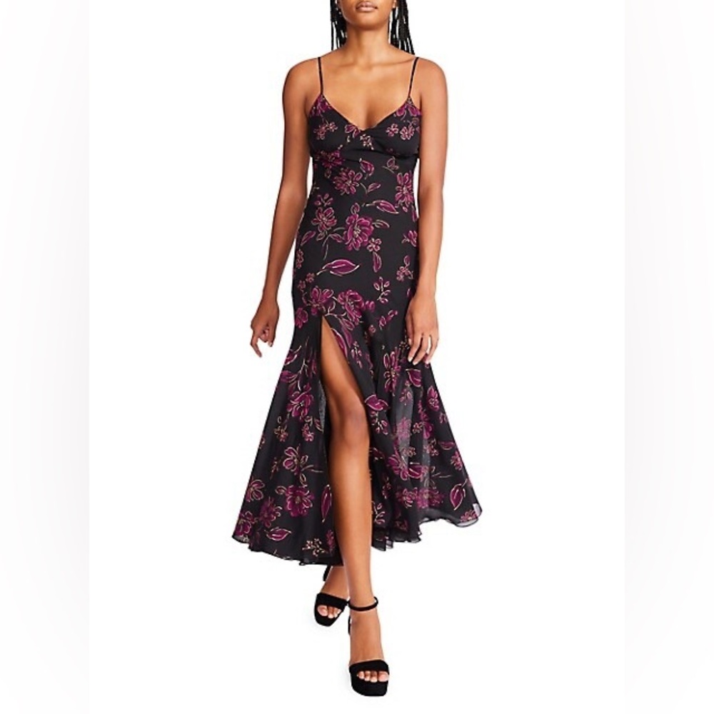 Betsey Johnson SKETCH FLORAL FOIL PRINTED CHIFFON MIDI DRESS BLACK